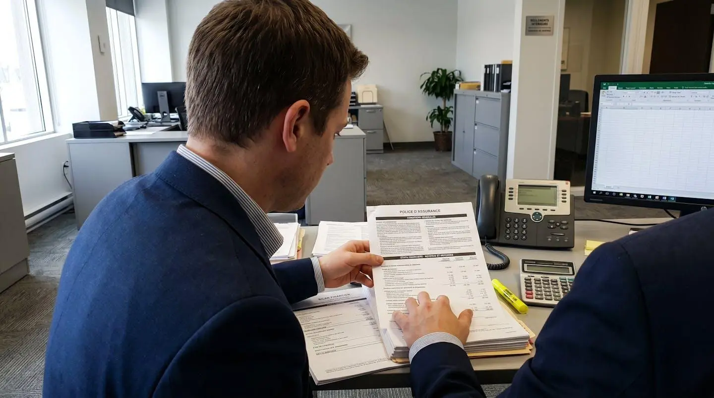 Entrepreneur analysant des documents d'assurance et relevés financiers sur son bureau lors d'une révision de couverture