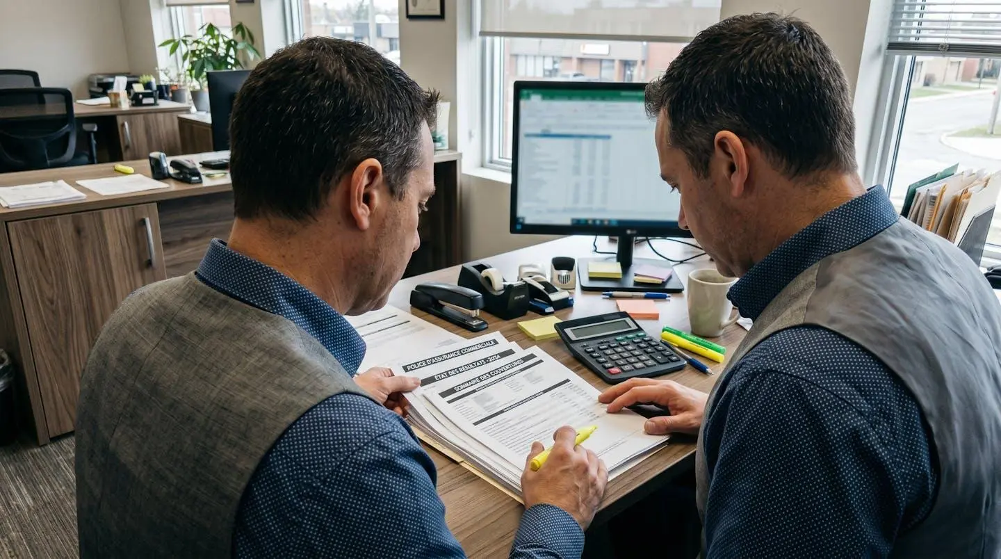 Entrepreneur analysant des documents d'assurance et relevés financiers sur son bureau lors d'une révision de couverture