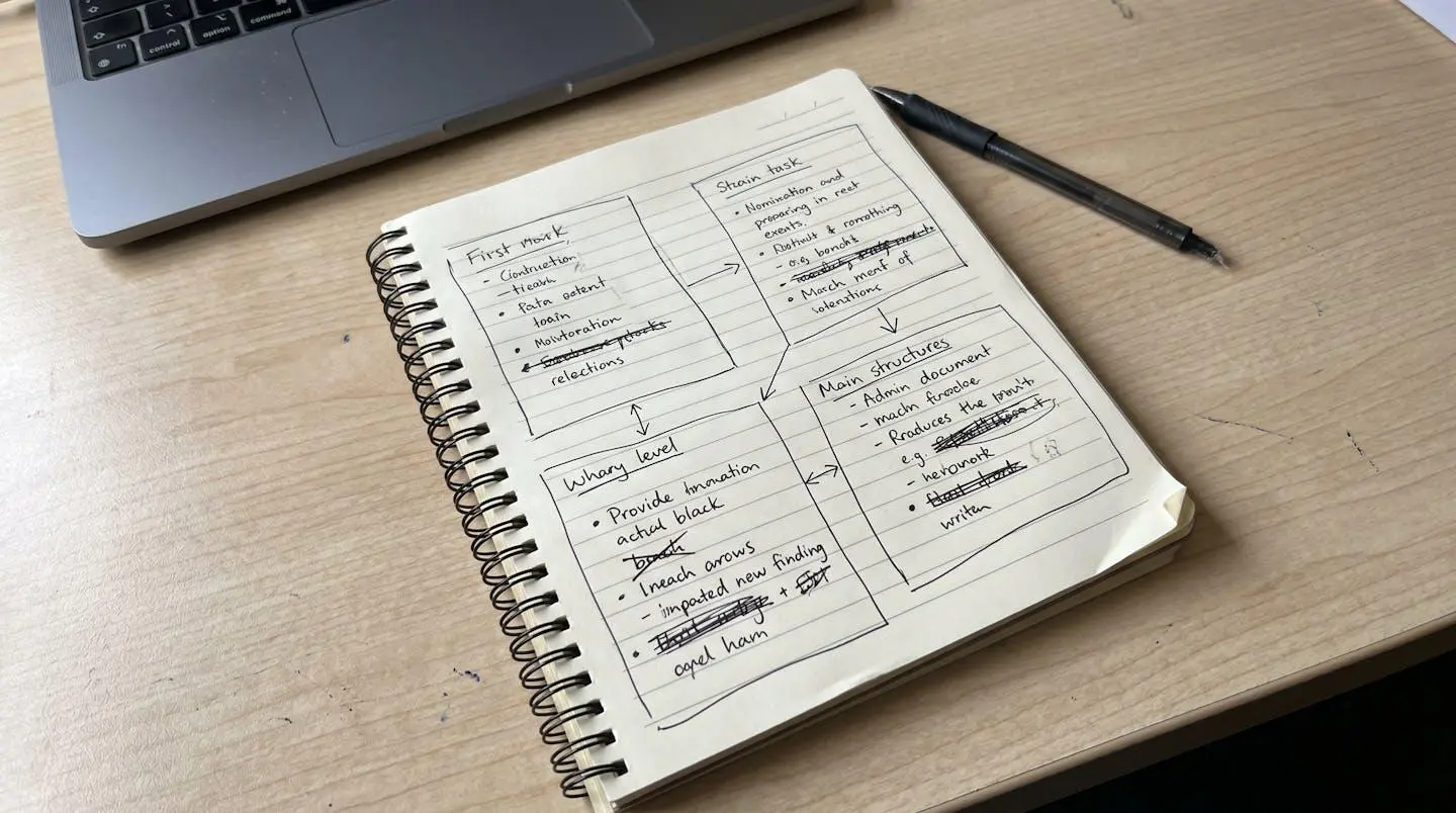 Vue plongeante sur des notes manuscrites structurant un appel en 4 phases distinctes avec flèches de liaison, sur un bureau de travail