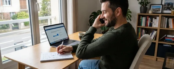 Professionnel en appel téléphonique à domicile, prenant des notes manuscrites sur un bureau près d'une fenêtre, posture détendue