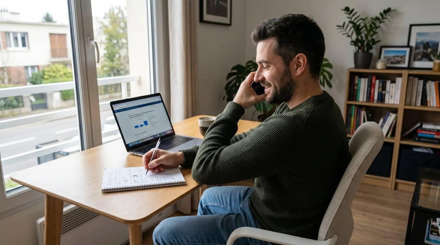 Professionnel en appel téléphonique à domicile, prenant des notes manuscrites sur un bureau près d'une fenêtre, posture détendue