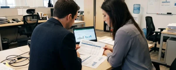 Deux professionnels discutent de documents financiers lors d'une réunion de révision stratégique dans un bureau contemporain
