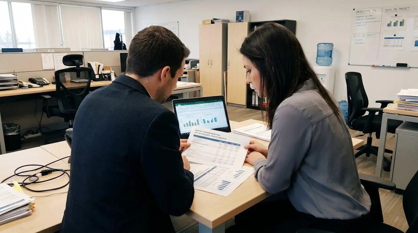 Deux professionnels discutent de documents financiers lors d'une réunion de révision stratégique dans un bureau contemporain