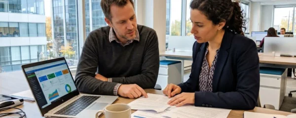 Deux professionnels discutent de documents financiers lors d'une réunion de révision stratégique dans un bureau contemporain