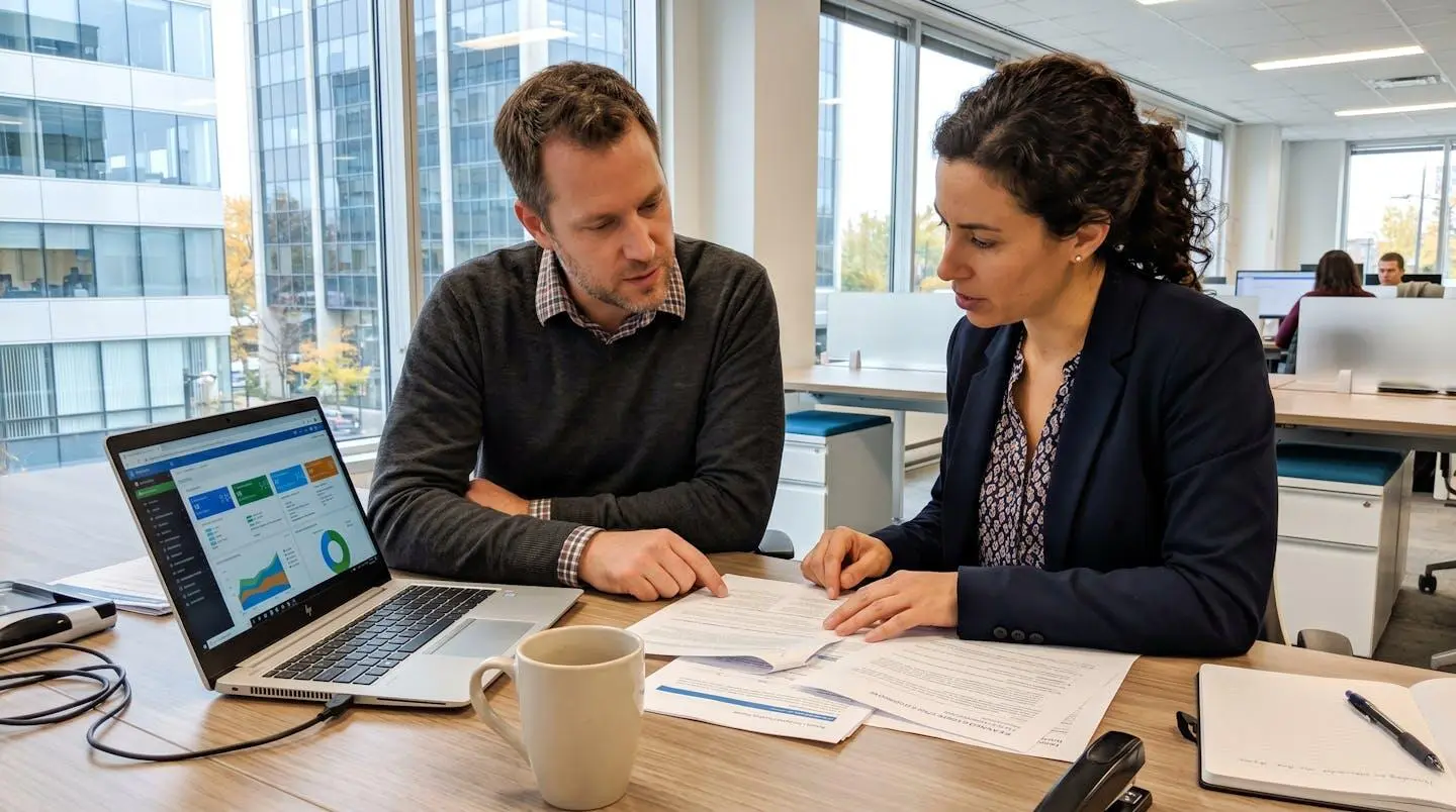 Deux professionnels discutent de documents financiers lors d'une réunion de révision stratégique dans un bureau contemporain