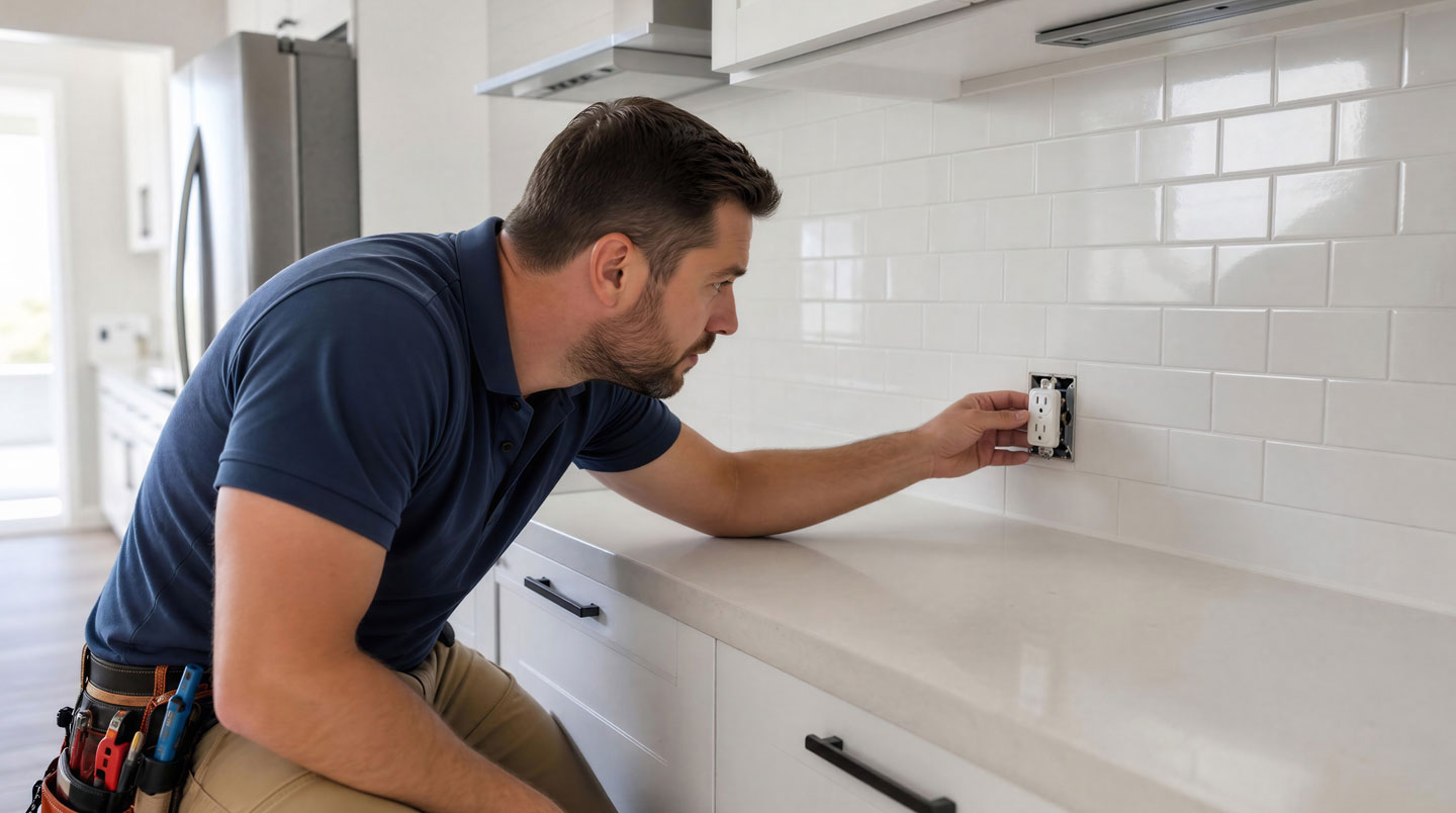 Électricien professionnel raccordant un tableau électrique moderne avec disjoncteurs différentiels dans une cuisine en cours de rénovation