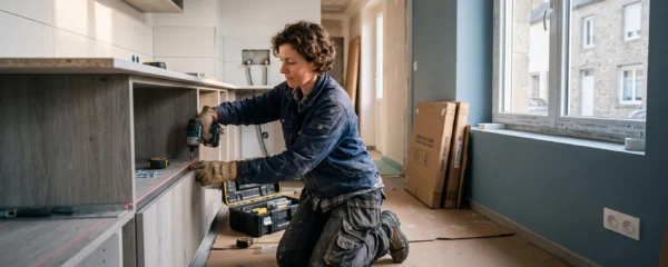 Artisan professionnel installant des meubles bas de cuisine dans une cuisine résidentielle en cours de rénovation, avec outils de chantier et lumière naturelle