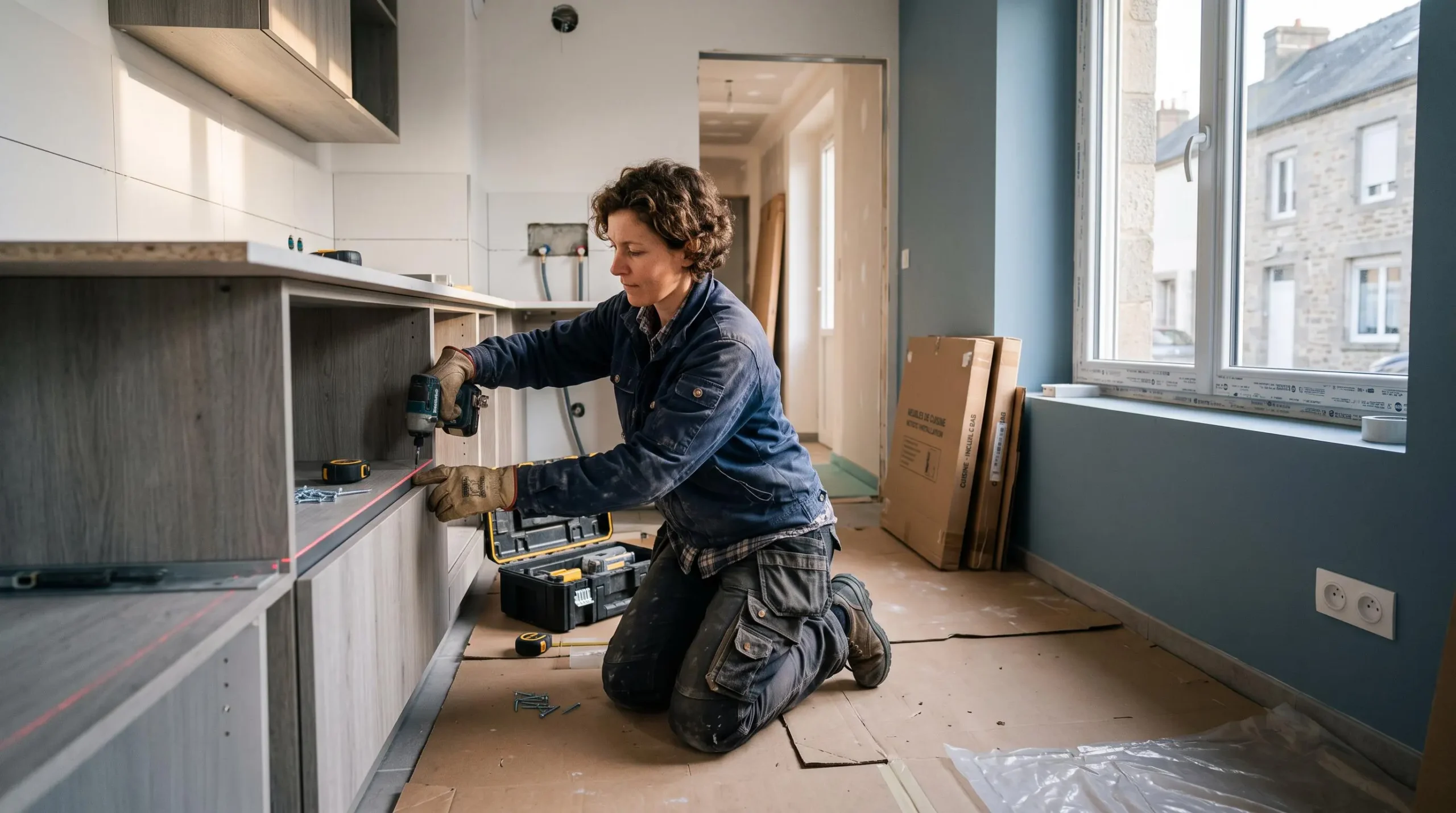 Artisan professionnel installant des meubles bas de cuisine dans une cuisine résidentielle en cours de rénovation, avec outils de chantier et lumière naturelle
