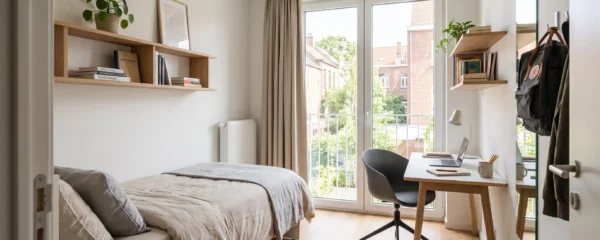 Chambre universitaire meublée dans une résidence étudiante belge moderne, avec bureau, lit simple, étagères et grande fenêtre laissant entrer la lumière naturelle