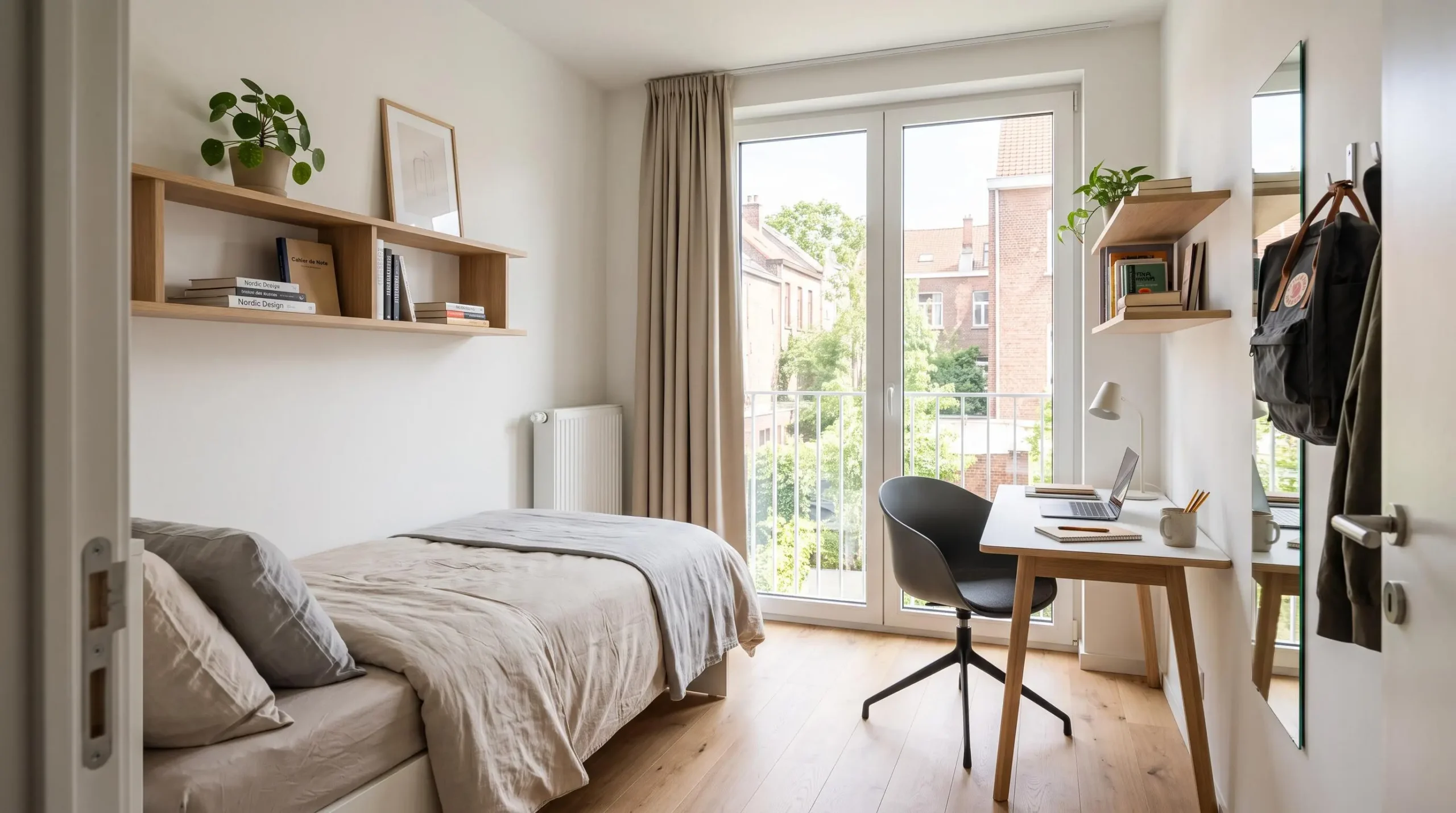 Chambre universitaire meublée dans une résidence étudiante belge moderne, avec bureau, lit simple, étagères et grande fenêtre laissant entrer la lumière naturelle