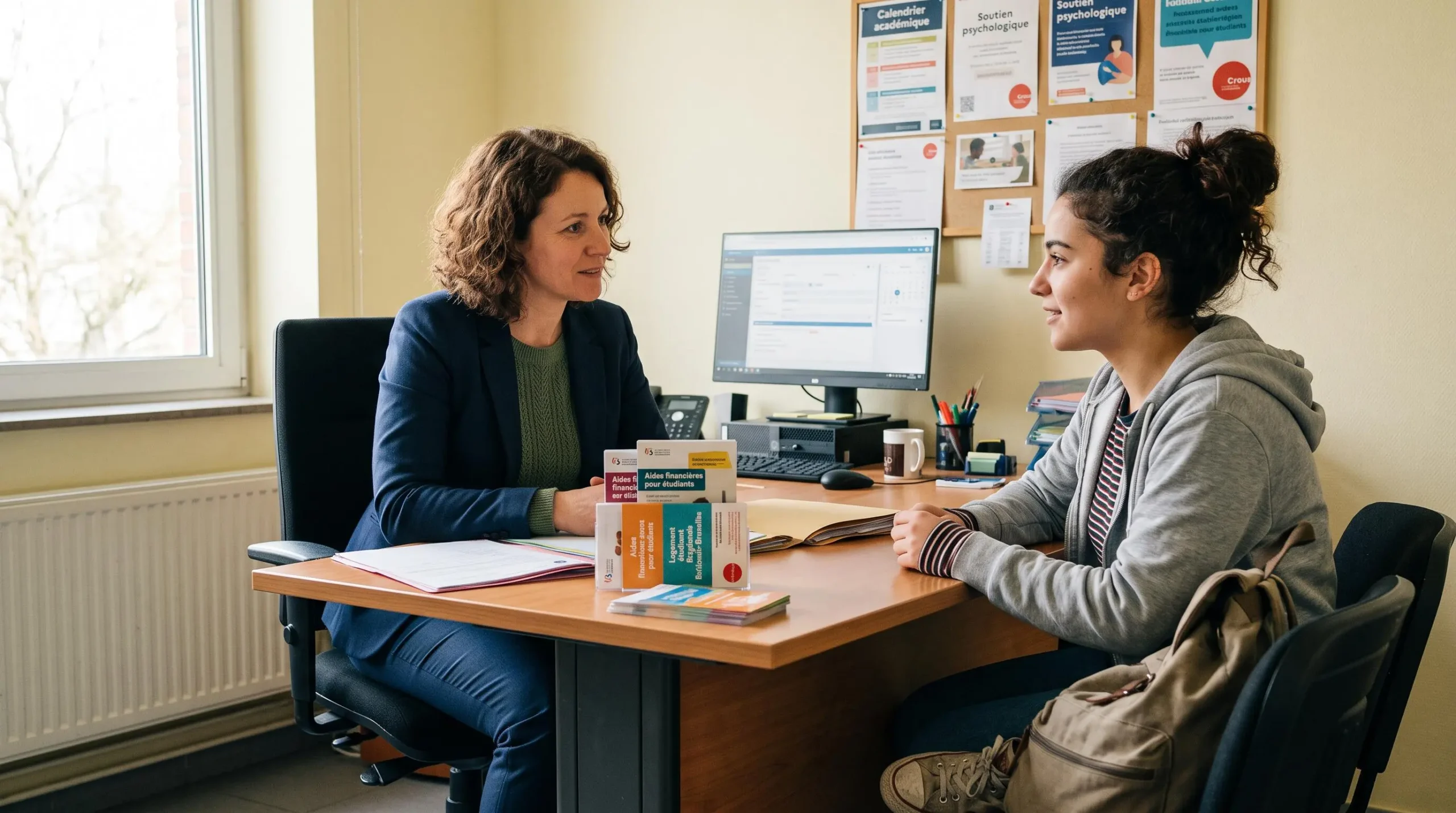 Conseillère de service social universitaire recevant une étudiante dans son bureau pour l'accompagner dans ses démarches d'aides financières au logement