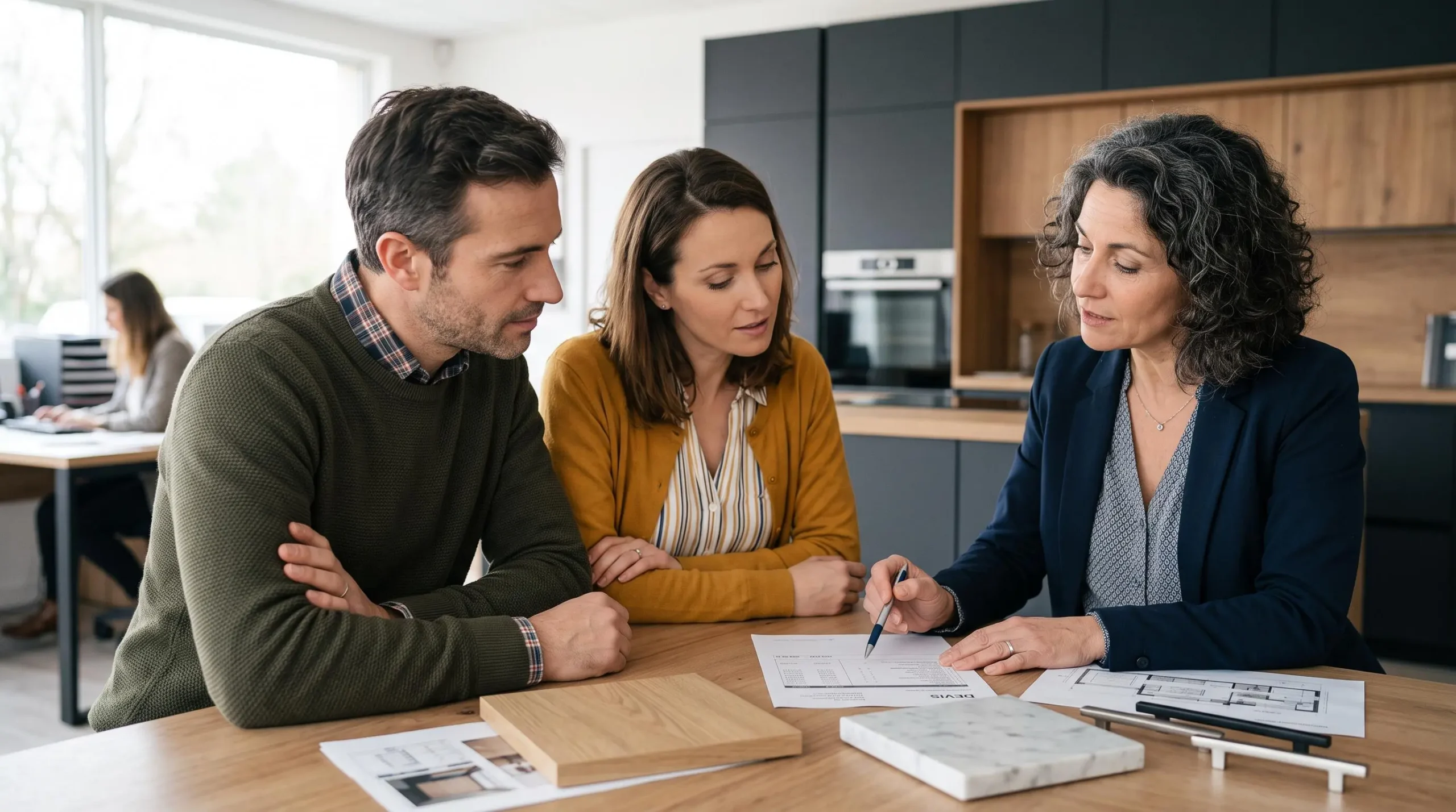 Couple consultant des devis de rénovation cuisine avec un professionnel dans un showroom, avec échantillons de matériaux sur table