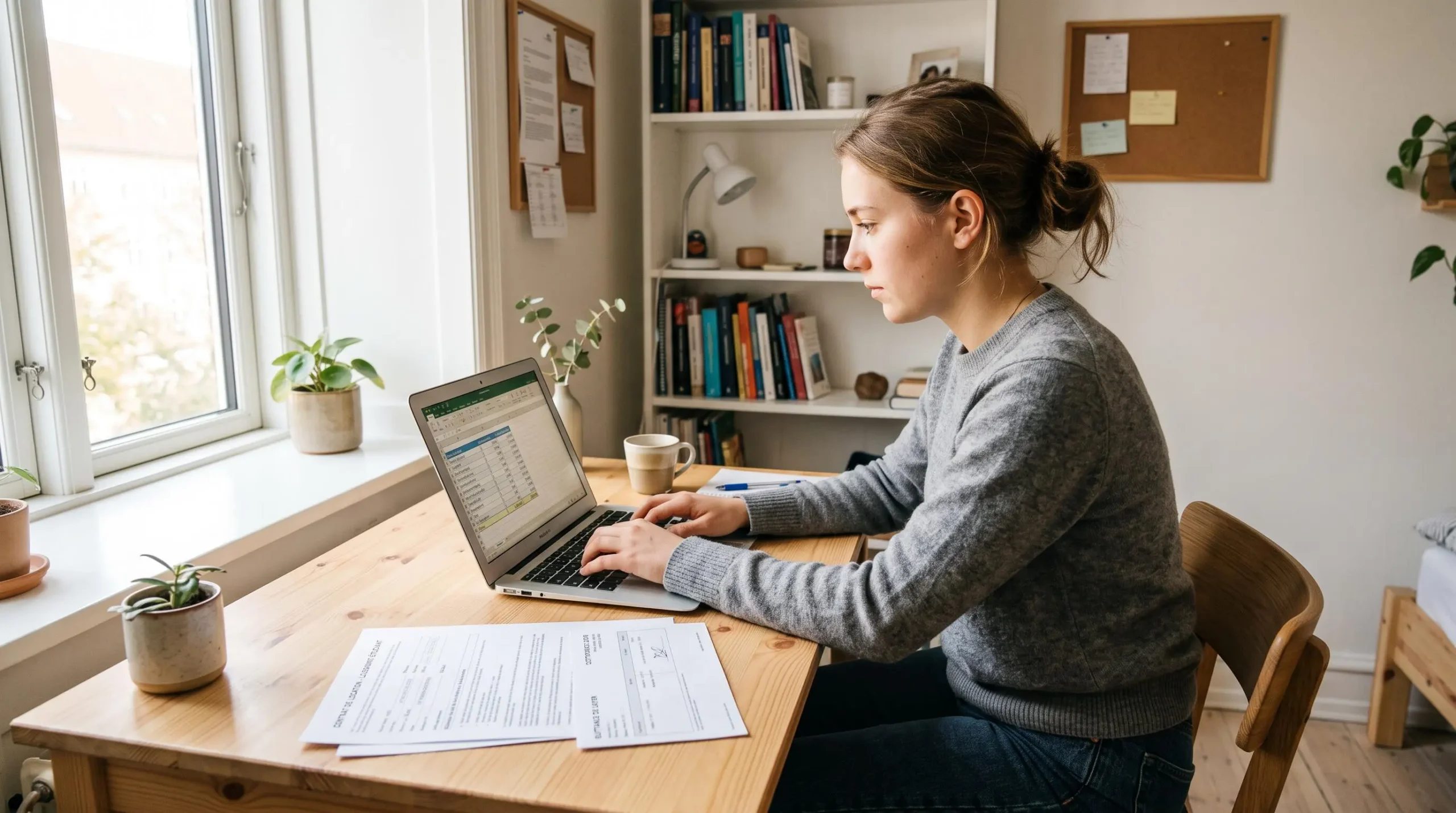 Étudiant assis à son bureau consultant un ordinateur portable et des documents de bail pour vérifier son budget logement mensuel